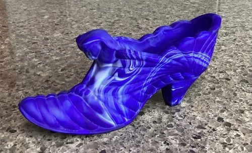 Fenton Blue and White Swirl Slag Glass Cat Shoe Slipper
