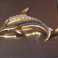 Gold Tone Dolphin Brooch Pin Clear Pavé Rhin...