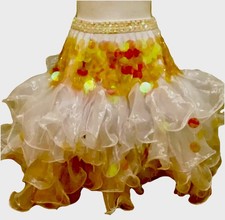 Womens Ballroom Dance Skirt Latin Dances White Ruffles Gold Florescent Sequins M