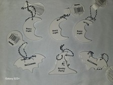 6 Glass Halloween White Hanging Tree Decoration Moon Witch Hat Bats NEW Tagged