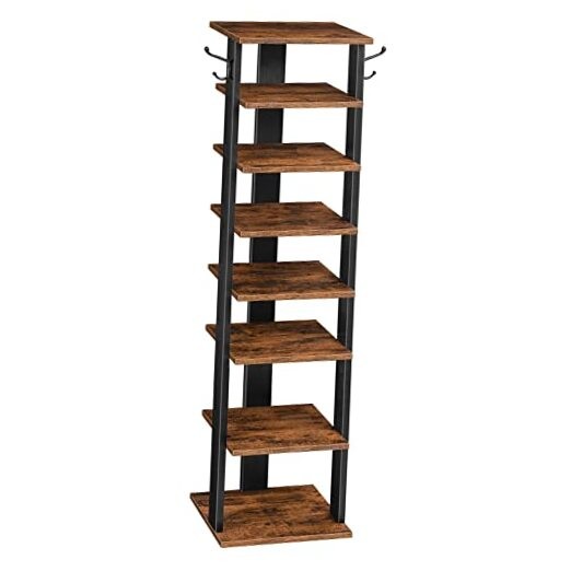 8-Tier Wooden Vertical Shoe Rack 11x11x44.5 Inches Rustic Brown Storage Organizer