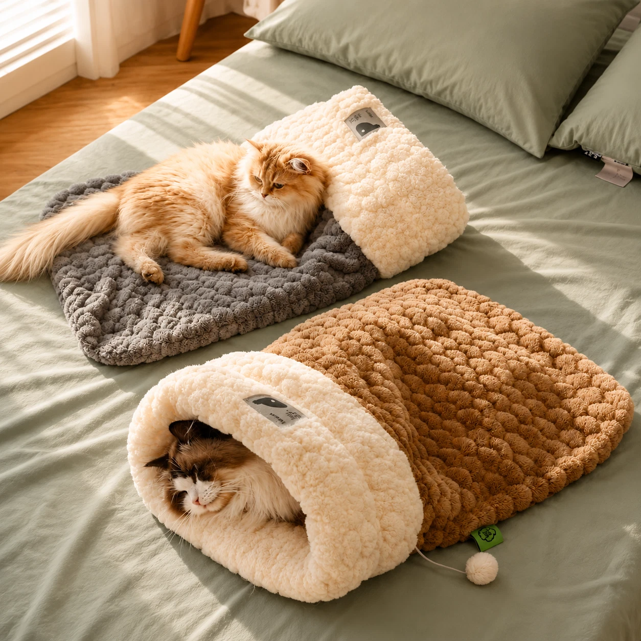 Cat Cave Bed Plush Sleeping Bag Warm Calming Nest Indoor Kitten Pet House