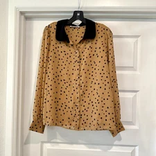 DR2 Women's Size L Blouse Top Long Sleeve Button Up Contrast Collar Career Wear