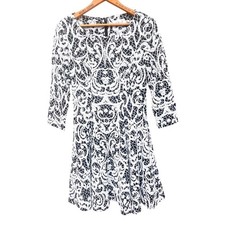 Eliza J Navy White Damask Jacquard Fit and Flare Dress 3/4 Sleeve Size 6