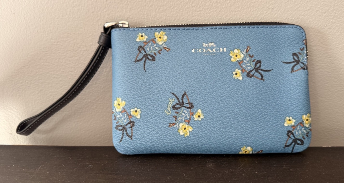 Coach Brand C7382 SILVER/BLUE Floral Wristlet Brand New With Tags