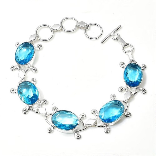 Swiss Blue Topaz Gemstone 925 Sterling Silver Handmade Jewelry Bracelet ...