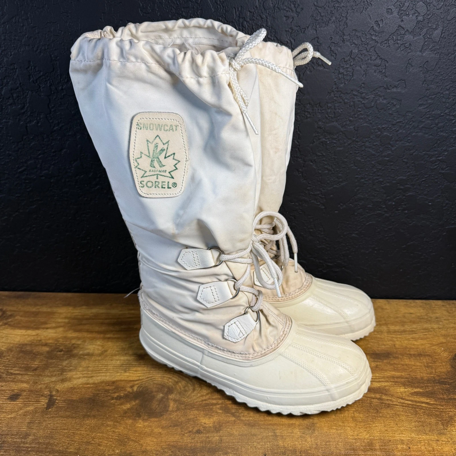 Sorel Snowcat Cream Nylon Rubber Winter Snow Boots M 7 W 9 Made in Canada
