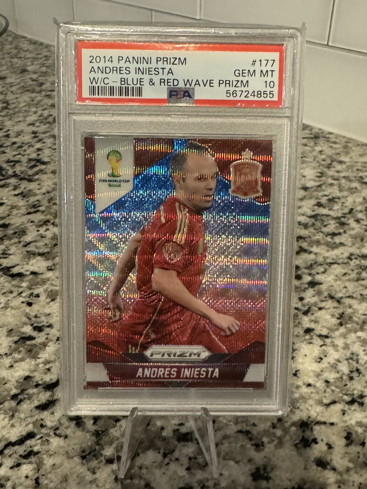 2014 panini Prizm andres iniesta w/c blue & red wave #177 PSA 10
