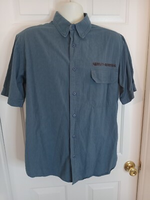 Harley Davidson Mens Button Up Shirt Blue Eagle Back Short Sleeve Sz MEDIUM