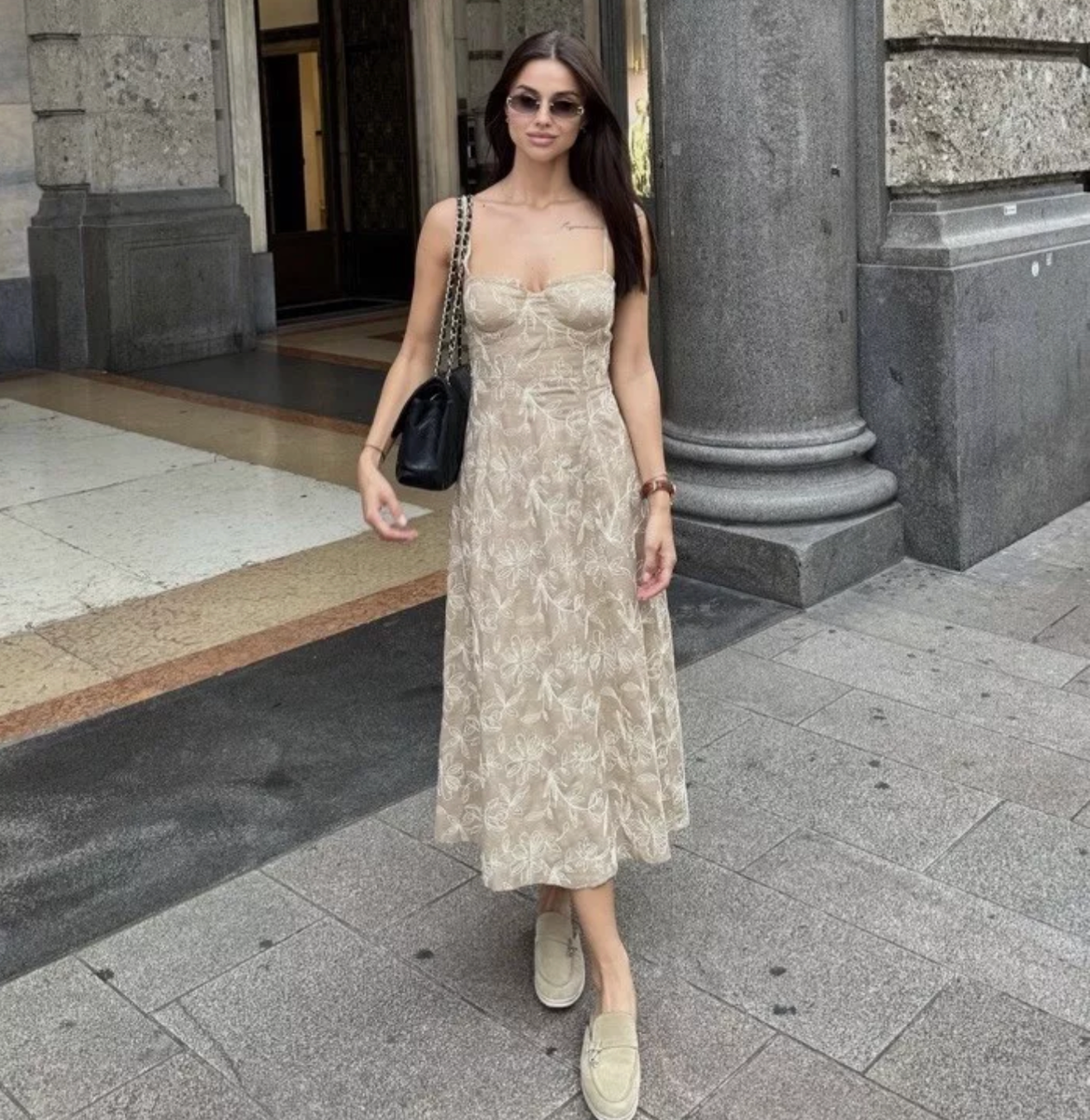 ZARA WOMAN RAISED EMBROIDERED FLORAL MIDI DRESS ECRU BEIGE