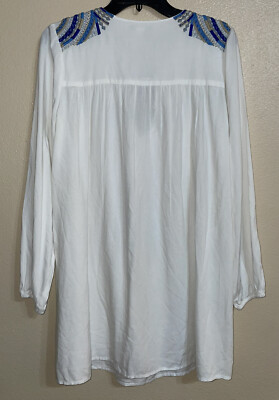 Forever 21 M White Peasant Embroidered Blue Tunic Dress Tassels Tie Cover  Up | eBay