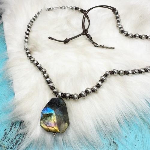 Labradorite Sterling Silver Beaded Brown Leather Knotted Chain 925 Pendant