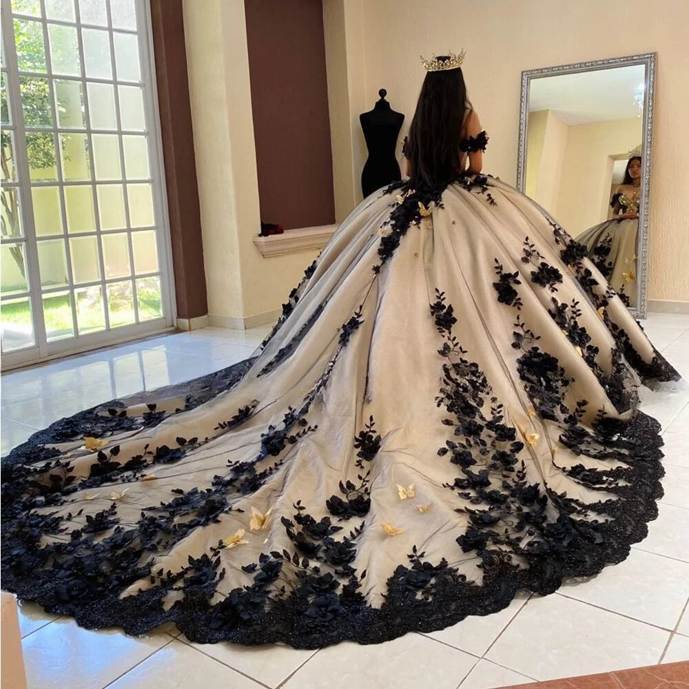 Luxury Black Ball Gown Quinceanera Dress Sweet 15 16 Birthday Party  Vestidos De