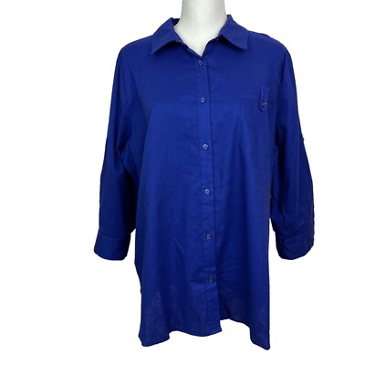 JACLYN SMITH Women s Button Blouse Sz XXL Cobalt Blue Color 3/4 Sleeves Convert