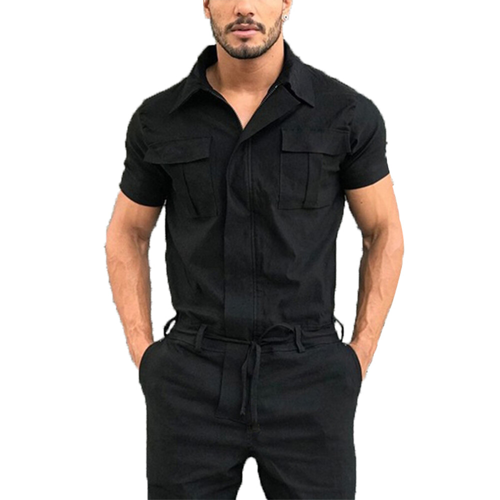 Men Casual Romper Short Sleeve Playsuit One Piece Jumpsuit Cargo