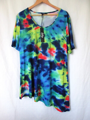 NEW Lily by Firmiana 1X Tie Dye Asymmetric Hem Blue Green Artsy Stretch Top
