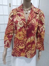 Women's Chico's Sz 2 Merlot Red Yellow Floral Print Cotton Blend Button Blazer
