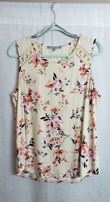 Daniel Rainn Top Blouse Yellow Multicolor Floral Semi Sheer Swiss Dot Size Large