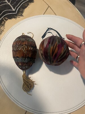 Authentic Pheasent Feather Artisan Ornament Hanging Art Holiday Autumn EUC 2pc
