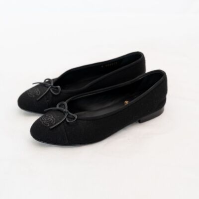 Chanel Black Fabric Ballerina Wool and leather Flats EU37.5 /US7.5