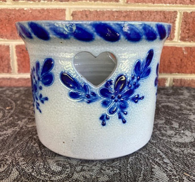 David Eldreth Pottery Salt Glazed Blue Floral Cut Heart Crock Signed 1994
