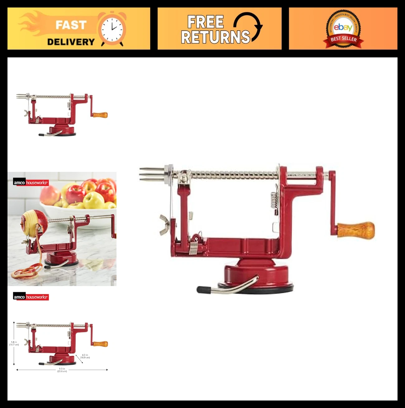 Back to Basics Peel Away Apple Peeler Cast Iron Suction Base Red