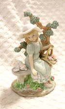 porcelain figurine ornament 'Best Friends' girl on tree bench & cat 2000 Y.H 6"