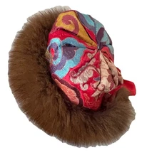 Vintage Tibetan Himalayan Multicolor Silk Brocade Fur Lined Hat Red Women LRG