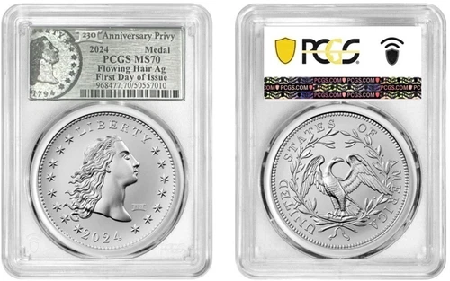 2024 Silver Flowing Hair Medal 230 W/Privy PCGS MS70 First Day Of Issue