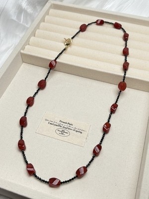 Handmade Natural Red Agate Beaded Necklace with Tiny Obsidian Beads