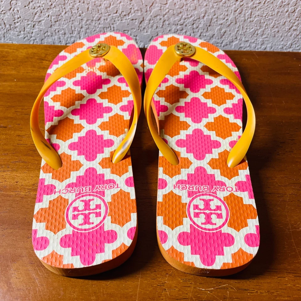 Sandalia chanclas Tory Burch para mujer rosa y amarillo geométrica preppy elegante talla 8 Foto 4 de 4