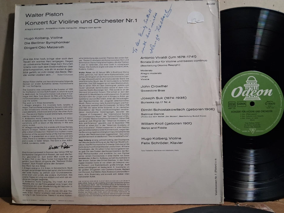 Odeon 80 610 Walter Piston VIOLIN CTO Hugo Kolberg SIGNED VG+ TO VG++ - Image 2 of 3