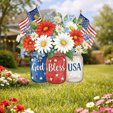 4Th of July Mason Jar Yard Sign, Patriotic God Bless USA Garden Stake with Daisy