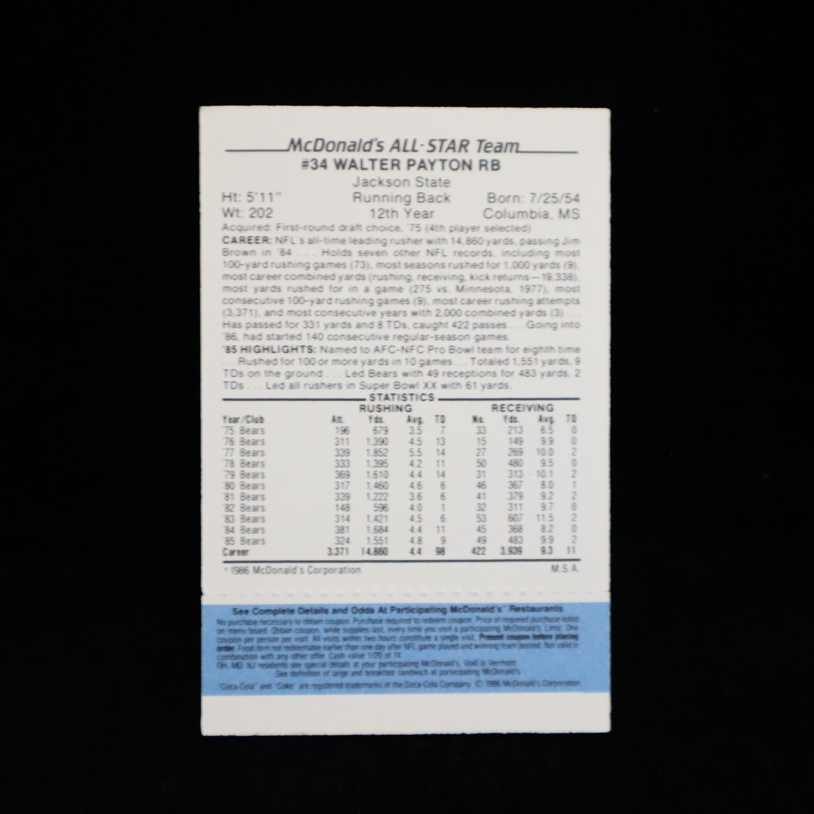 1986 Walter Payton Chicago Bears McDonald's  BLUE  All-Star Issue Game Card