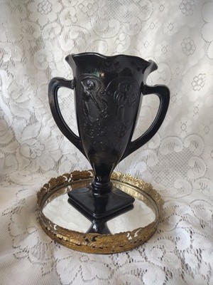 Vintage L.E. Smith Black Amethyst Dancing Nymphs Trophy Shaped Vase
