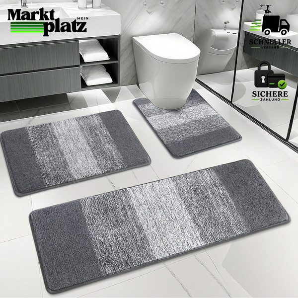 Badezimmerteppich Set 3-Teilig Mikrofaser Grau Rutschfest Waschbar SaugfäHig-image