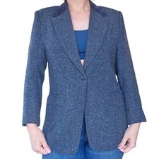 Vintage 90s White Stag Herringbone Blue Grey Blazer Pig Suede Collar Women's 10