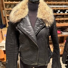 Topshop Womens Black Faux Leather Biker Jacket Removable Faux Fur Collar US 6