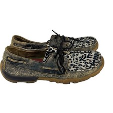Twisted X Driving Moc Boat Shoes Womens 8.5 M Low Leopard Print Leather Brown