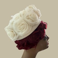 Vintage 1960s Pillbox Hat with White Chiffon Roses Lady Georgette Wedding Church