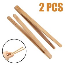 2 x Bamboo Tongs Wooden Toaster Tweezers Bread Sushi Salad Serving BBQ