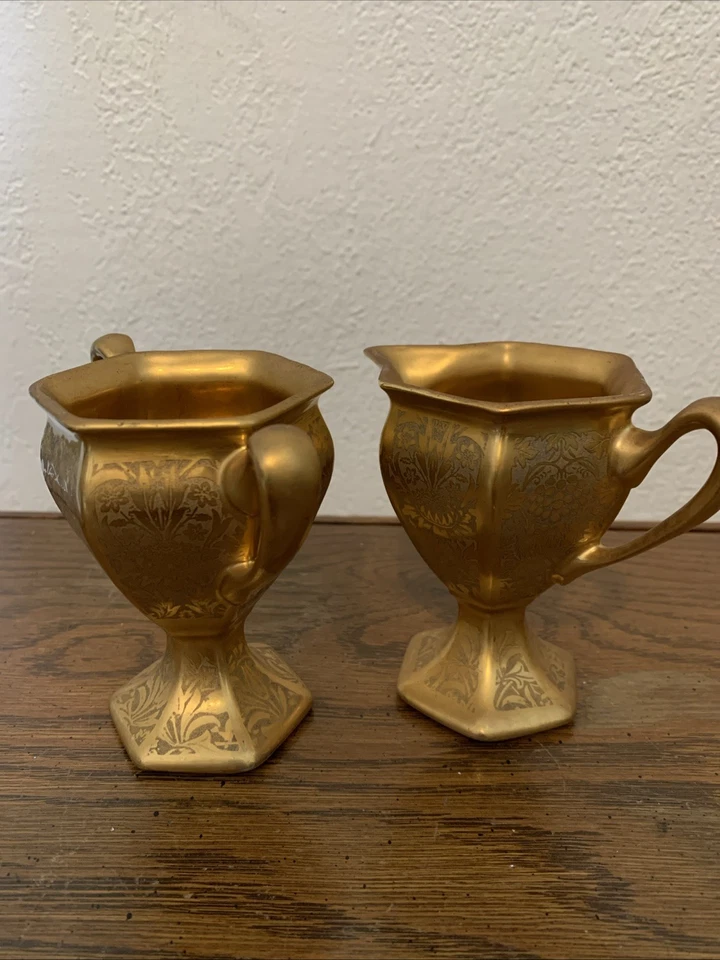 B&C Limoges Francia Oro Crema y Azúcar Set Grabado Floral Porcelana Dorada 24k Foto 2 de 4