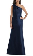 Alfred Sung D794 Sz 8 Blue Satin Twill One Shoulder Bow Trumpet Mermaid Gown