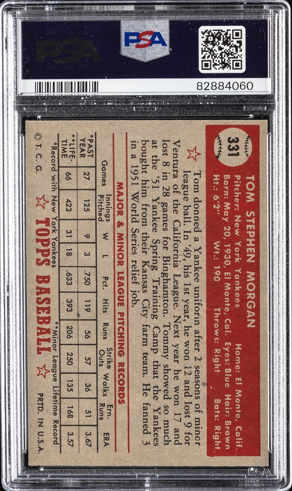 1952 TOPPS #331 TOM MORGAN ROOKIE RC PSA 8 view 2