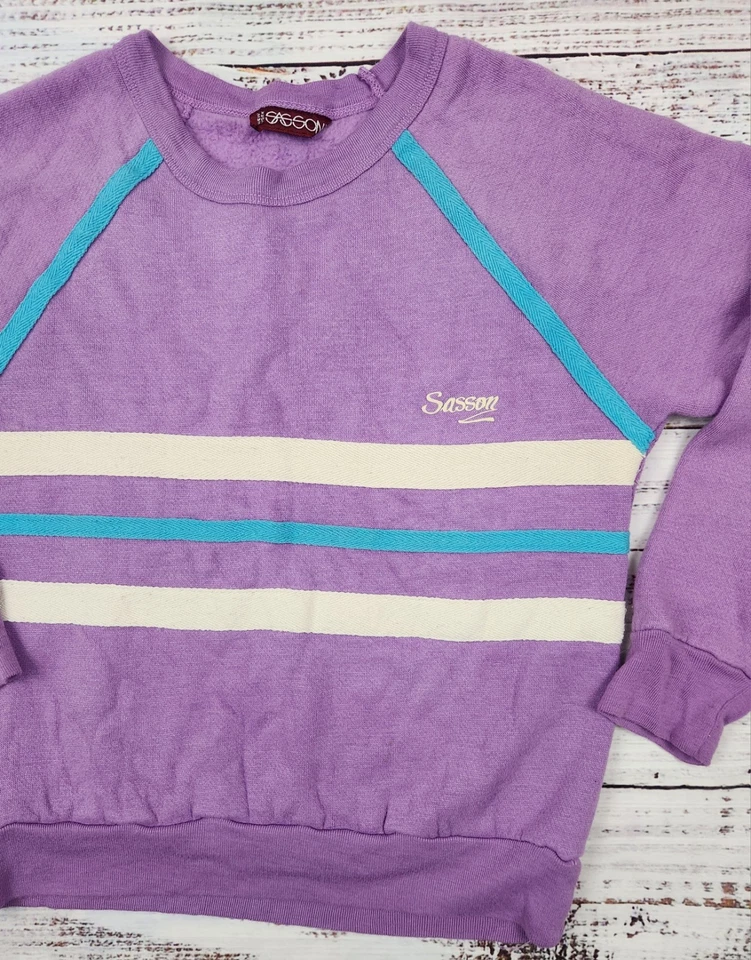 Sudadera Sasson Vintage Años 80 Pastel Rayas • Púrpura/Verde azulado • Talla X-Pequeña Foto 3 de 4