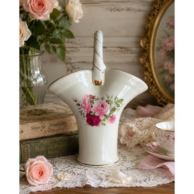 Formalities by Baum Bros Pink Rose Floral Porcelain Basket Vase Gold Trim 9''