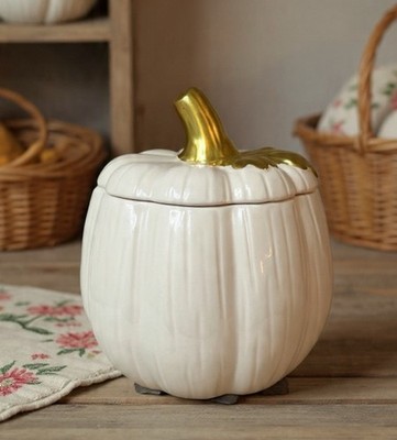 Cottage Core Pumpkin Cookie Jar Canister - 7  Tall Home Decor Shelf Sitter NEW