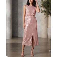Rose Gold Sequin Midi Dress 70s Disco Theme Party Slit Front Cap Sleeve Pink