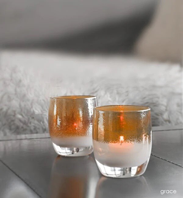 New In Box Glassybaby GRACE Gold White Candle Holder Votive Tea Light Triskelion