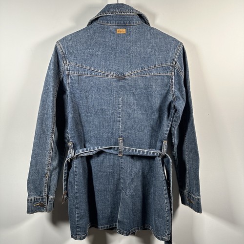 Vtg Fubu Women’s Double Breasted Trench Coat Denim Size Small Button Logo Belt - Picture 15 of 21